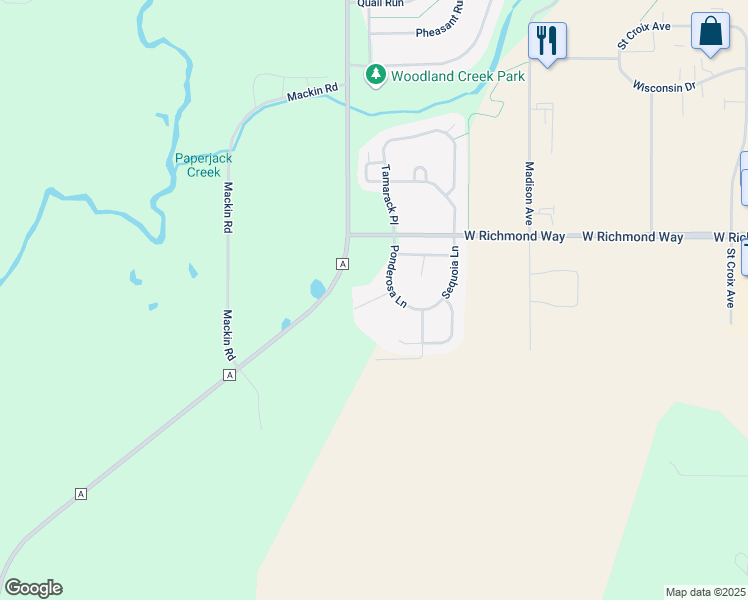 map of restaurants, bars, coffee shops, grocery stores, and more near 1247 Norway Pine Cir in New Richmond