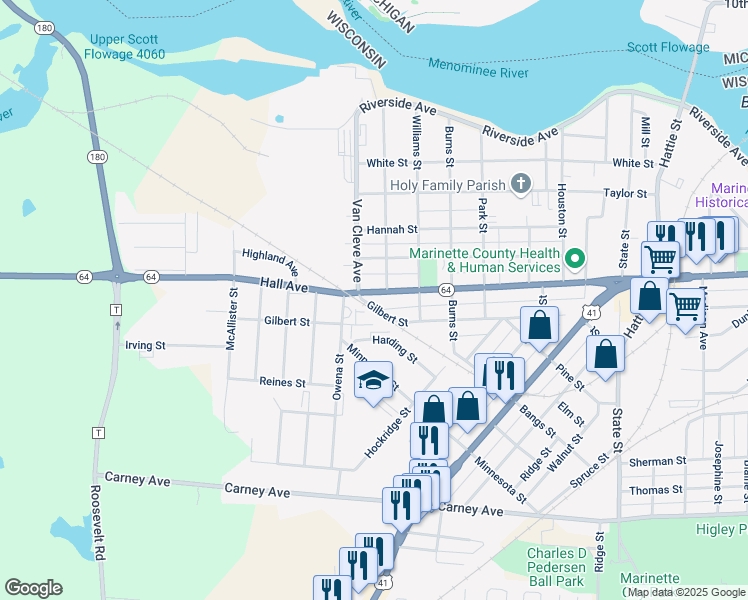 map of restaurants, bars, coffee shops, grocery stores, and more near 3047 Hall Avenue in Marinette