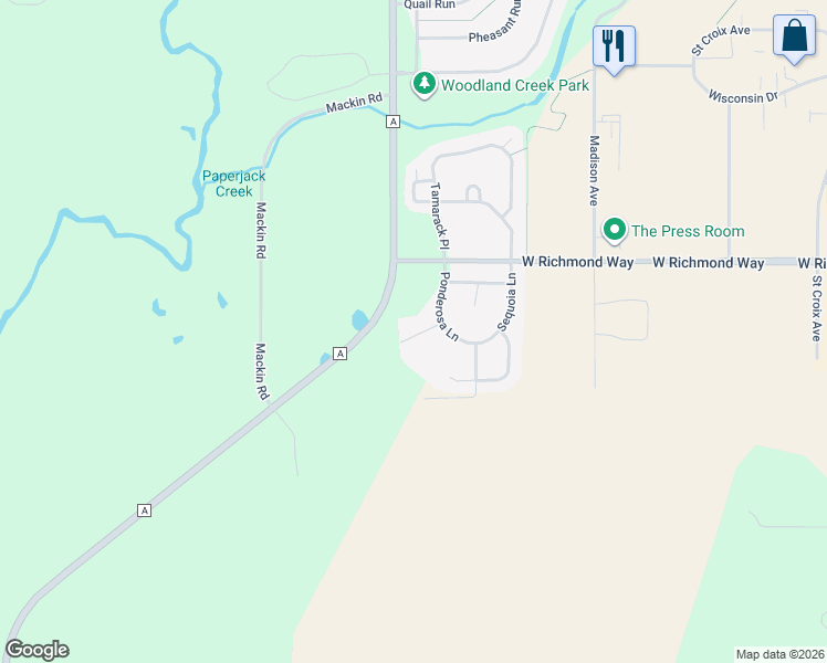 map of restaurants, bars, coffee shops, grocery stores, and more near 1247 Norway Pine Circle in New Richmond