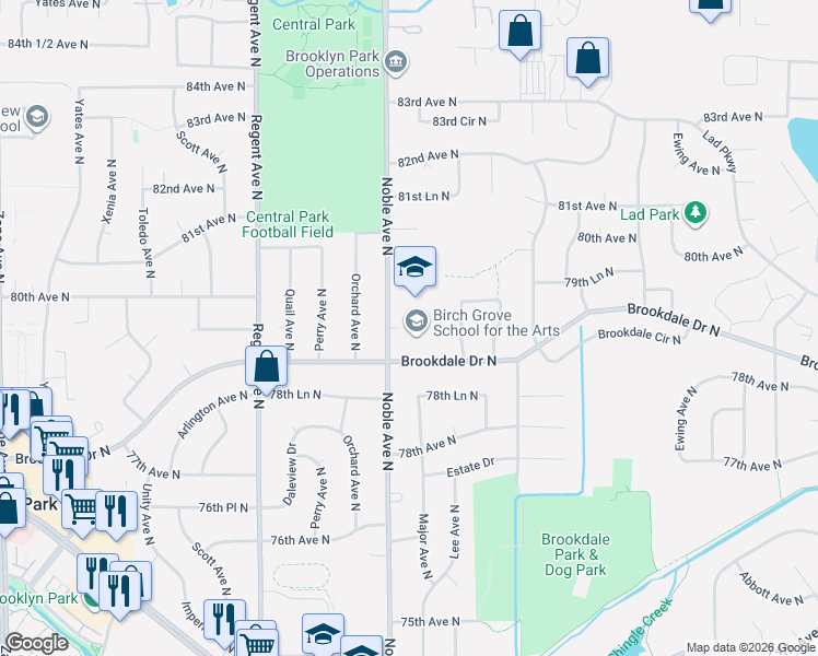 map of restaurants, bars, coffee shops, grocery stores, and more near 4690 Brookdale Drive North in Brooklyn Park