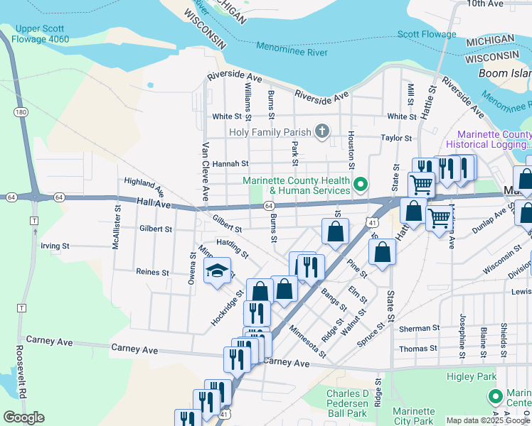 map of restaurants, bars, coffee shops, grocery stores, and more near 2907 Hall Avenue in Marinette