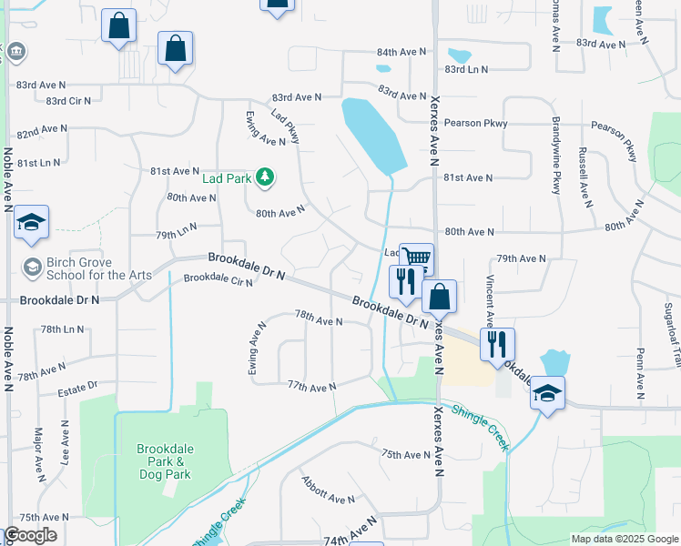 map of restaurants, bars, coffee shops, grocery stores, and more near 7916 Beard Avenue North in Brooklyn Park