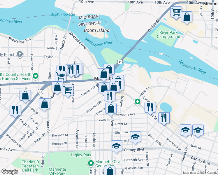 map of restaurants, bars, coffee shops, grocery stores, and more near 1719 Main Street in Marinette