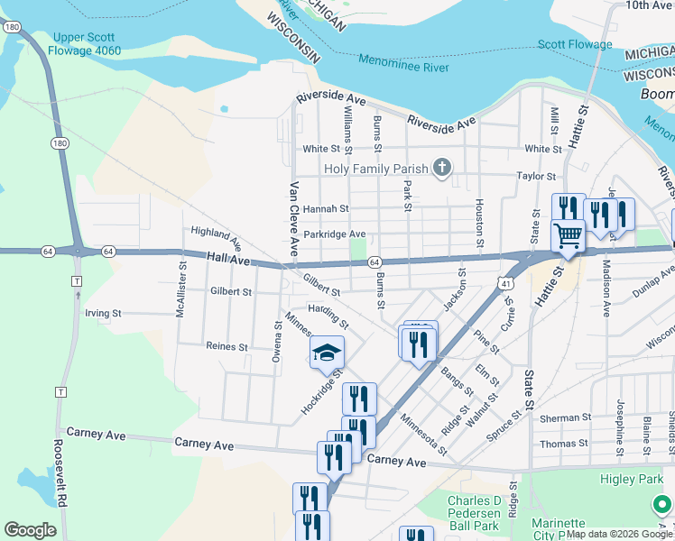 map of restaurants, bars, coffee shops, grocery stores, and more near 3011 Hall Avenue in Marinette