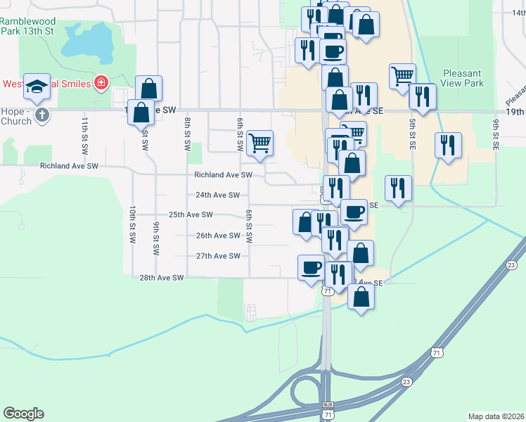 map of restaurants, bars, coffee shops, grocery stores, and more near 501 24th Avenue Southwest in Willmar