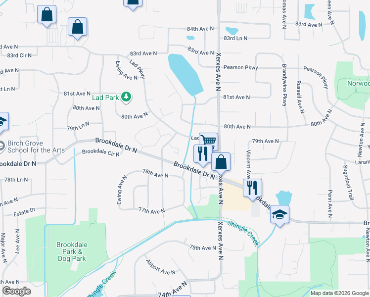 map of restaurants, bars, coffee shops, grocery stores, and more near 7972 Beard Court North in Minneapolis