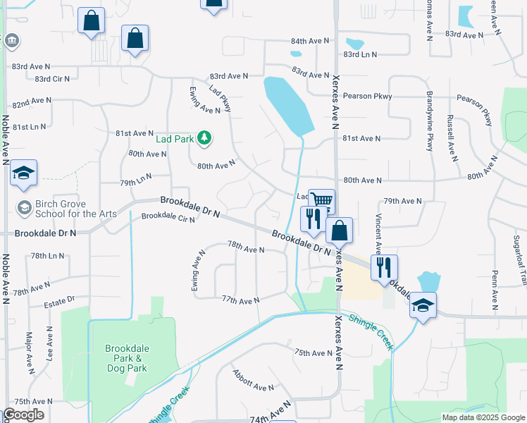 map of restaurants, bars, coffee shops, grocery stores, and more near 7916 Beard Avenue North in Brooklyn Park