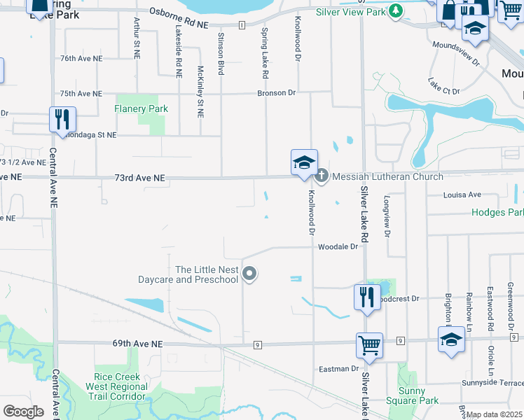 map of restaurants, bars, coffee shops, grocery stores, and more near 7255 Hidden Hollow Court in Mounds View