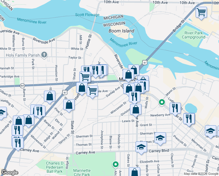 map of restaurants, bars, coffee shops, grocery stores, and more near 2016 Maple Avenue in Marinette