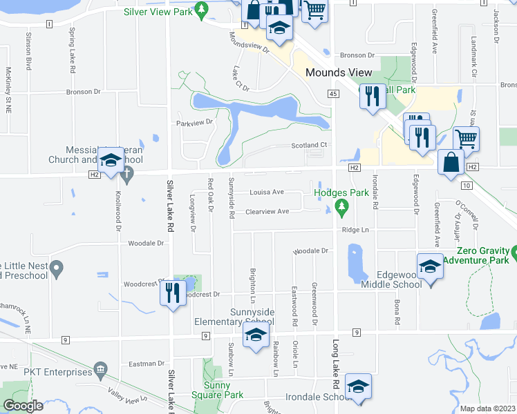 map of restaurants, bars, coffee shops, grocery stores, and more near 2637 Clearview Avenue in Mounds View