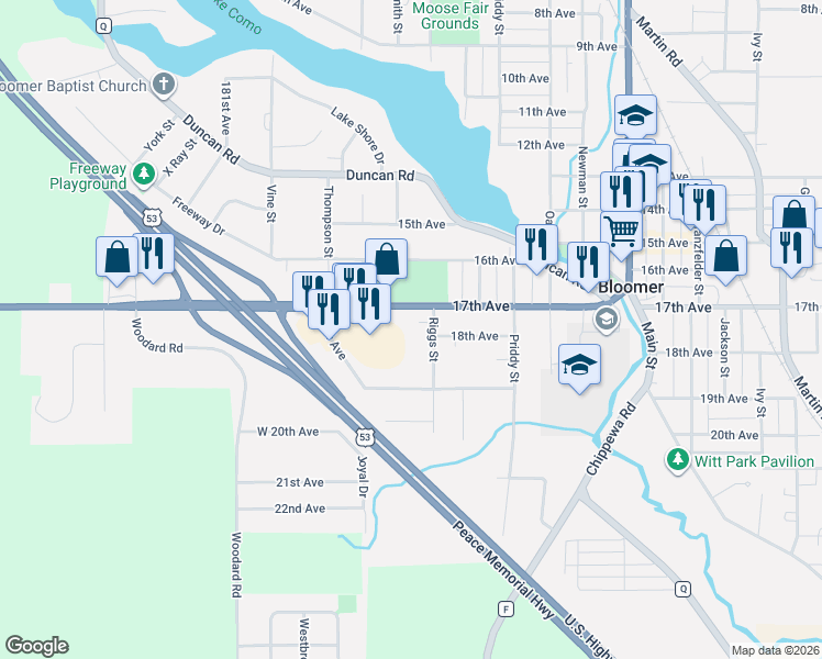 map of restaurants, bars, coffee shops, grocery stores, and more near 1719 Riggs St in Bloomer