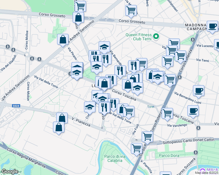 map of restaurants, bars, coffee shops, grocery stores, and more near 99 Corso Toscana in Torino
