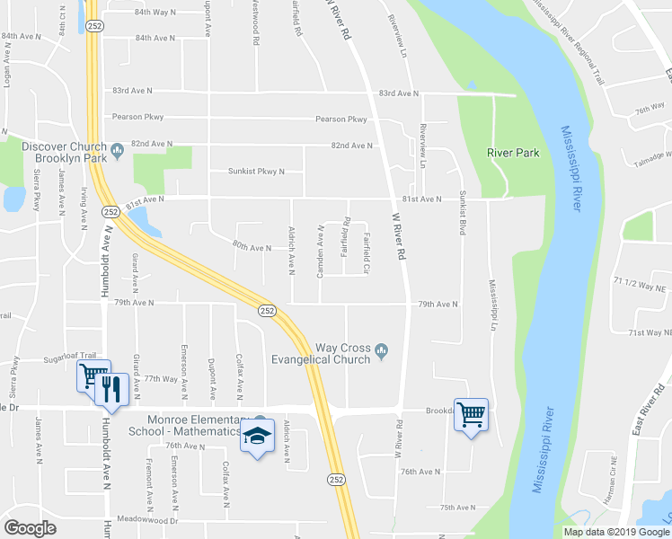 map of restaurants, bars, coffee shops, grocery stores, and more near 7925 Fairfield Road in Minneapolis