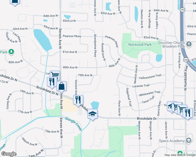 map of restaurants, bars, coffee shops, grocery stores, and more near 2612 77th Boulevard North in Minneapolis