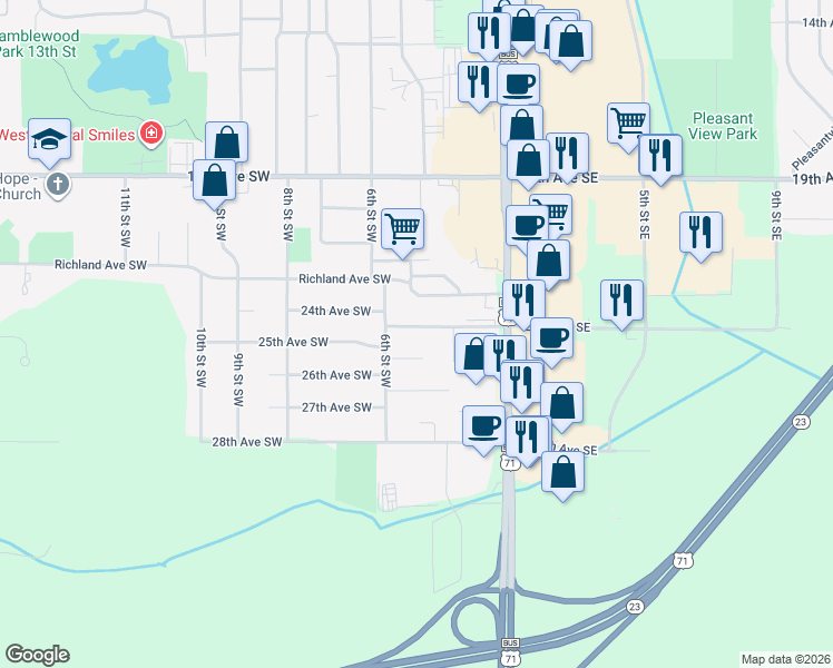map of restaurants, bars, coffee shops, grocery stores, and more near 501 24th Avenue Southwest in Willmar