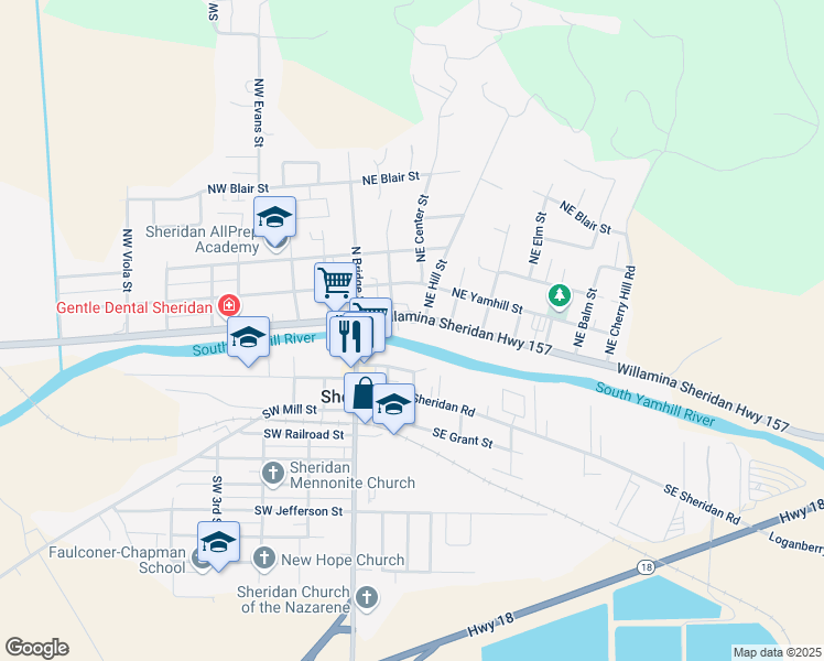 map of restaurants, bars, coffee shops, grocery stores, and more near 240 East Main Street in Sheridan