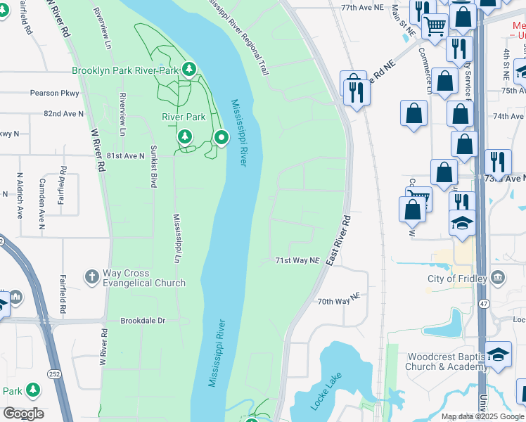 map of restaurants, bars, coffee shops, grocery stores, and more near 7170 Riverview Terrace Northeast in Fridley