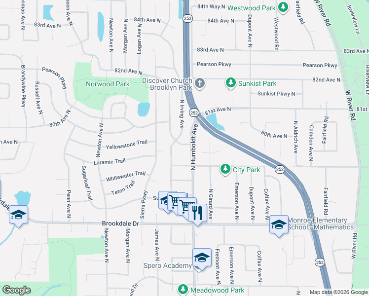 map of restaurants, bars, coffee shops, grocery stores, and more near 1509 80th Avenue North in Minneapolis