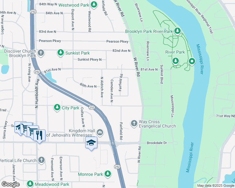 map of restaurants, bars, coffee shops, grocery stores, and more near 7925 Fairfield Road in Minneapolis