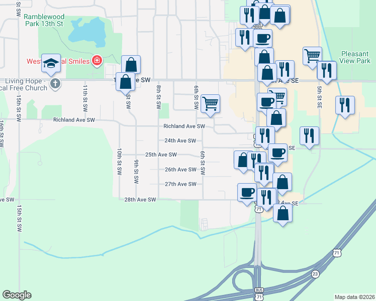 map of restaurants, bars, coffee shops, grocery stores, and more near 612 25th Avenue Southwest in Willmar