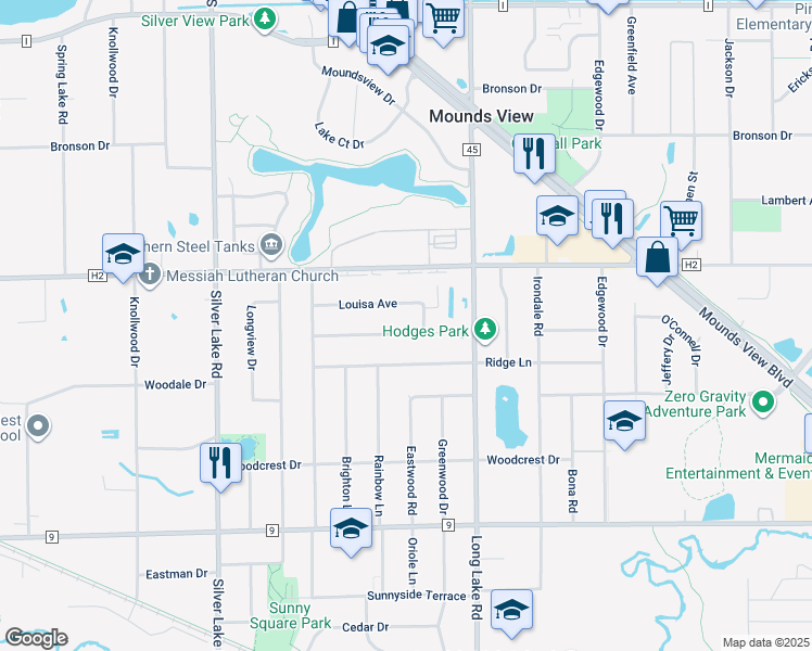 map of restaurants, bars, coffee shops, grocery stores, and more near 2613 Clearview Avenue in Mounds View