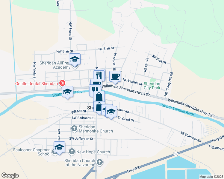 map of restaurants, bars, coffee shops, grocery stores, and more near 240 E Main St in Sheridan