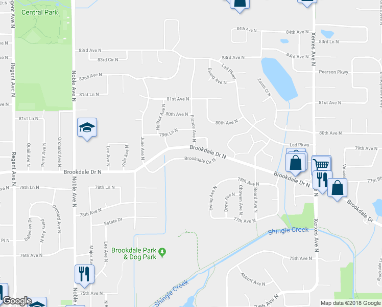 map of restaurants, bars, coffee shops, grocery stores, and more near 3816 Brookdale Circle North in Minneapolis