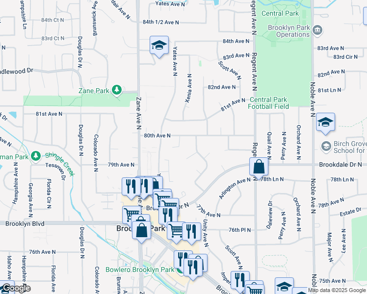 map of restaurants, bars, coffee shops, grocery stores, and more near 5621 80th Avenue North in Minneapolis