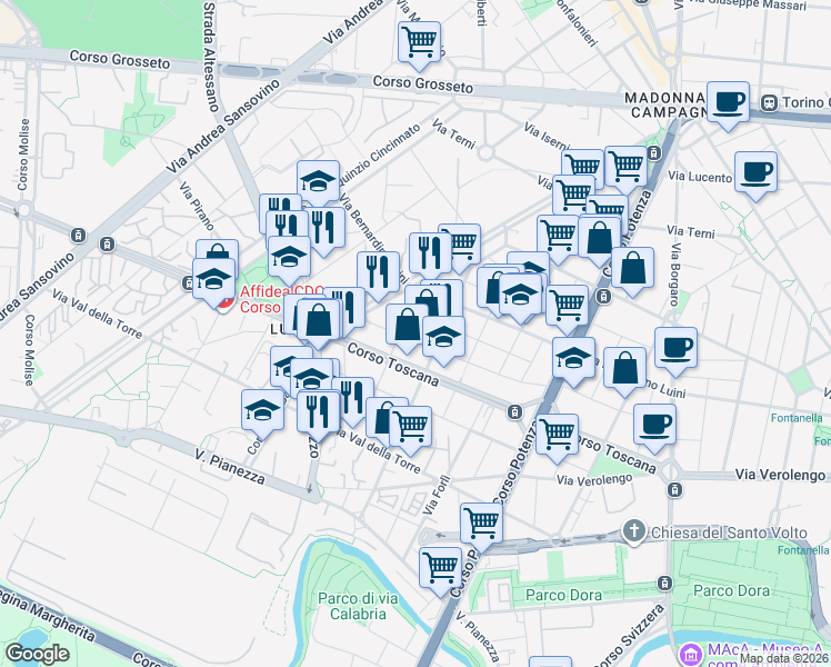 map of restaurants, bars, coffee shops, grocery stores, and more near 34a Via Emilio Brusa in Torino