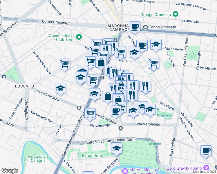 map of restaurants, bars, coffee shops, grocery stores, and more near 10 Via Giovan Battista Quadrone in Torino