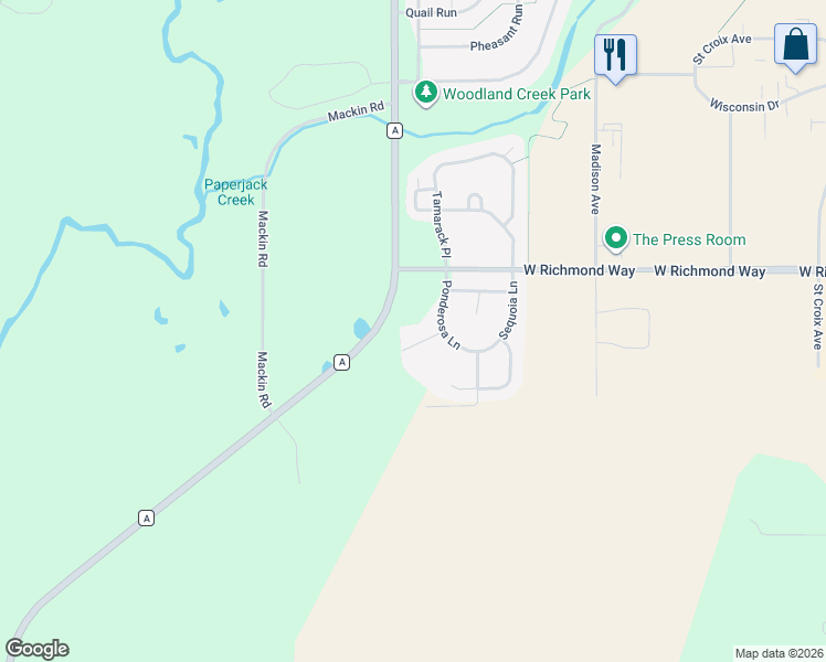 map of restaurants, bars, coffee shops, grocery stores, and more near 1247 Norway Pine Circle in New Richmond