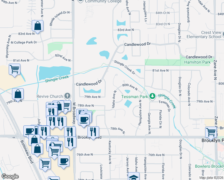map of restaurants, bars, coffee shops, grocery stores, and more near 7916 Louisiana Avenue North in Minneapolis