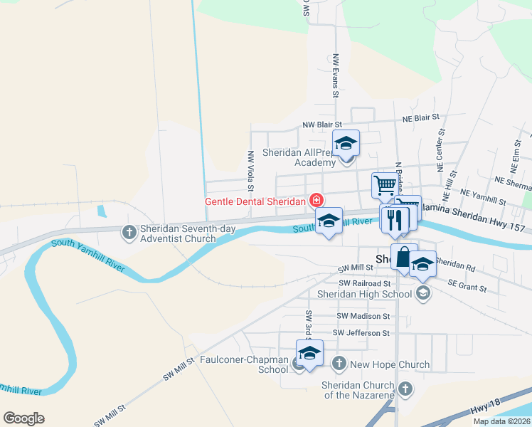 map of restaurants, bars, coffee shops, grocery stores, and more near 639 West Main Street in Sheridan