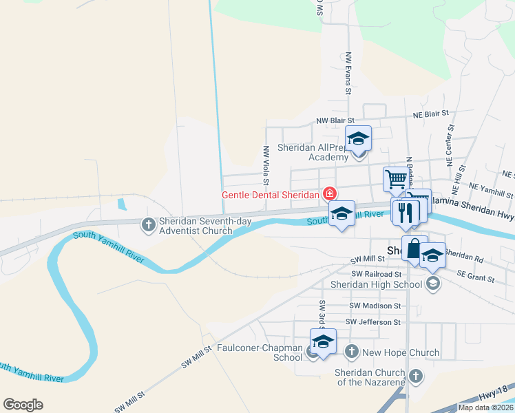 map of restaurants, bars, coffee shops, grocery stores, and more near 711 West Main Street in Sheridan
