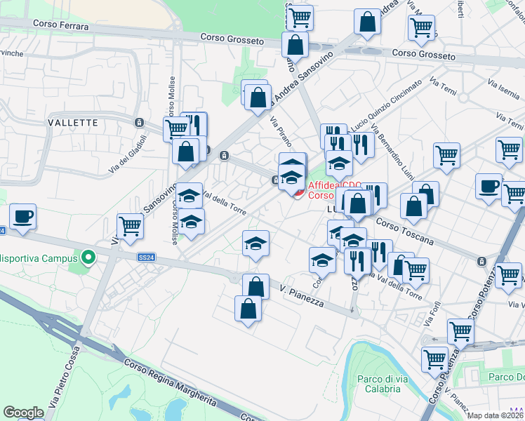 map of restaurants, bars, coffee shops, grocery stores, and more near 188 Via Val della Torre in Torino