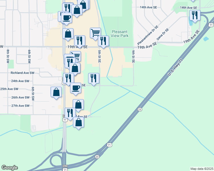 map of restaurants, bars, coffee shops, grocery stores, and more near 24th Avenue Southwest in Willmar