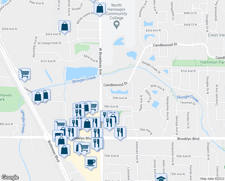 map of restaurants, bars, coffee shops, grocery stores, and more near 7325 Candlewood Drive in Minneapolis