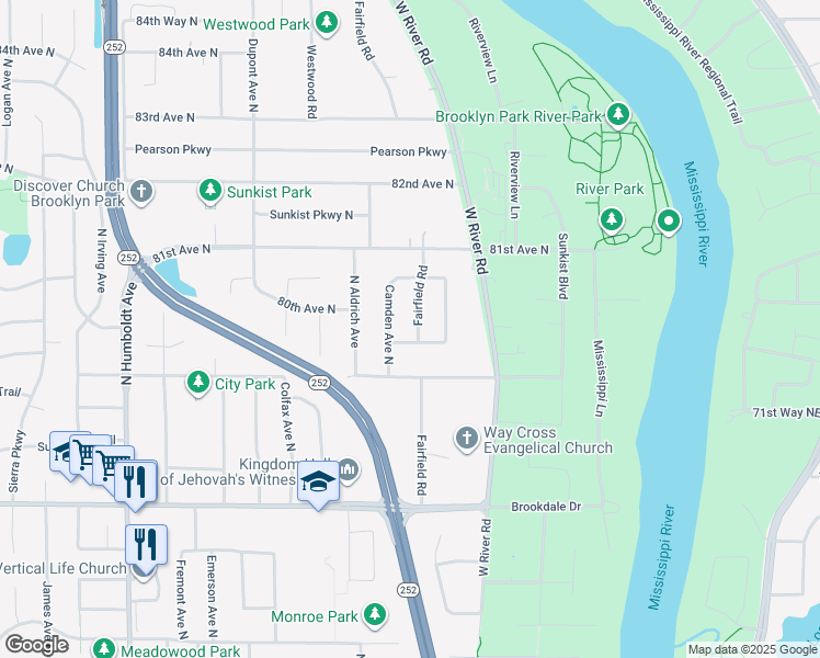 map of restaurants, bars, coffee shops, grocery stores, and more near 7925 Fairfield Road in Brooklyn Park