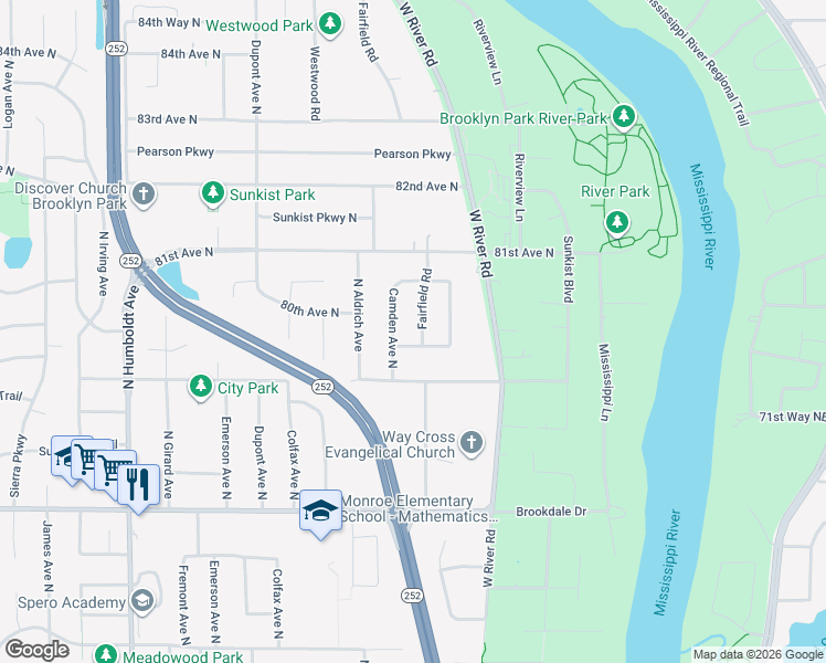 map of restaurants, bars, coffee shops, grocery stores, and more near 7925 Fairfield Road in Brooklyn Park
