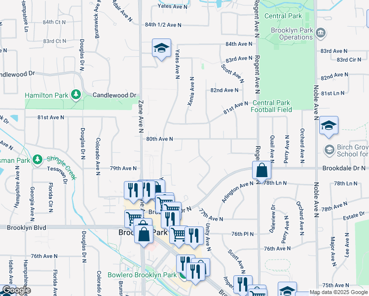 map of restaurants, bars, coffee shops, grocery stores, and more near 5621 80th Avenue North in Minneapolis