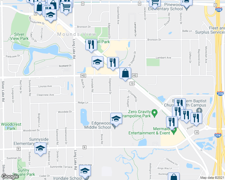 map of restaurants, bars, coffee shops, grocery stores, and more near 5290 Edgewood Drive in Mounds View