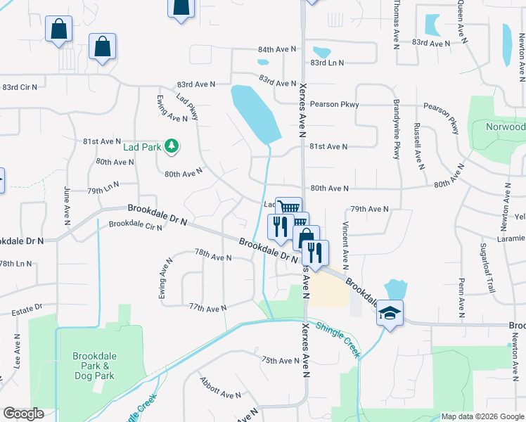 map of restaurants, bars, coffee shops, grocery stores, and more near 7972 Beard Court North in Minneapolis