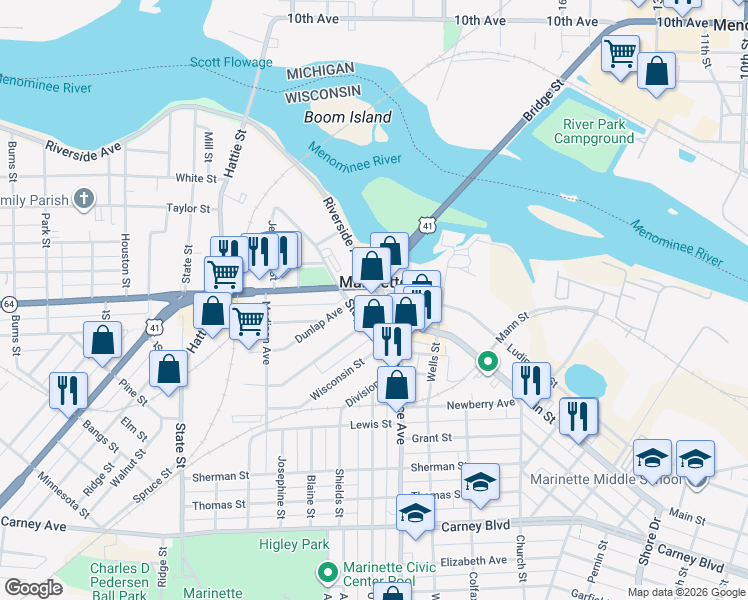 map of restaurants, bars, coffee shops, grocery stores, and more near 1719 Main Street in Marinette