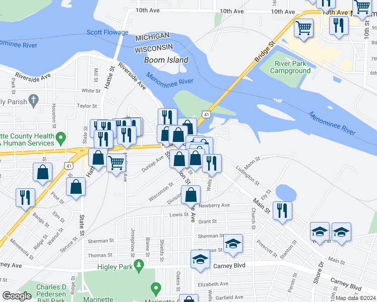 map of restaurants, bars, coffee shops, grocery stores, and more near 1722 Main Street in Marinette