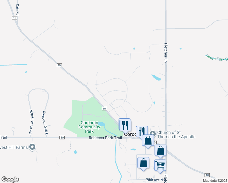 map of restaurants, bars, coffee shops, grocery stores, and more near 20301 Co Road in Corcoran