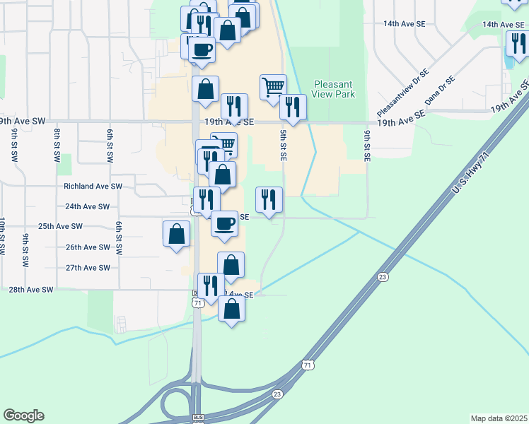 map of restaurants, bars, coffee shops, grocery stores, and more near 300 24th Avenue Southeast in Willmar