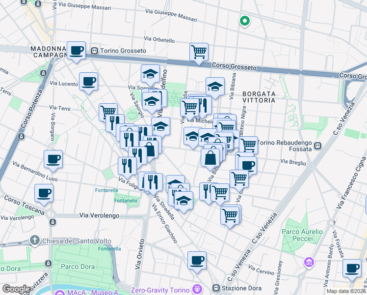 map of restaurants, bars, coffee shops, grocery stores, and more near 111 Via Breglio in Torino