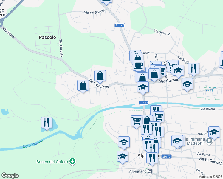 map of restaurants, bars, coffee shops, grocery stores, and more near 45 Via Caselette in Alpignano