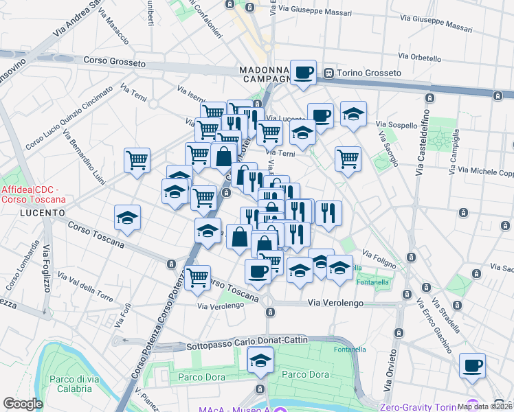 map of restaurants, bars, coffee shops, grocery stores, and more near 4 Via Giovan Battista Quadrone in Torino