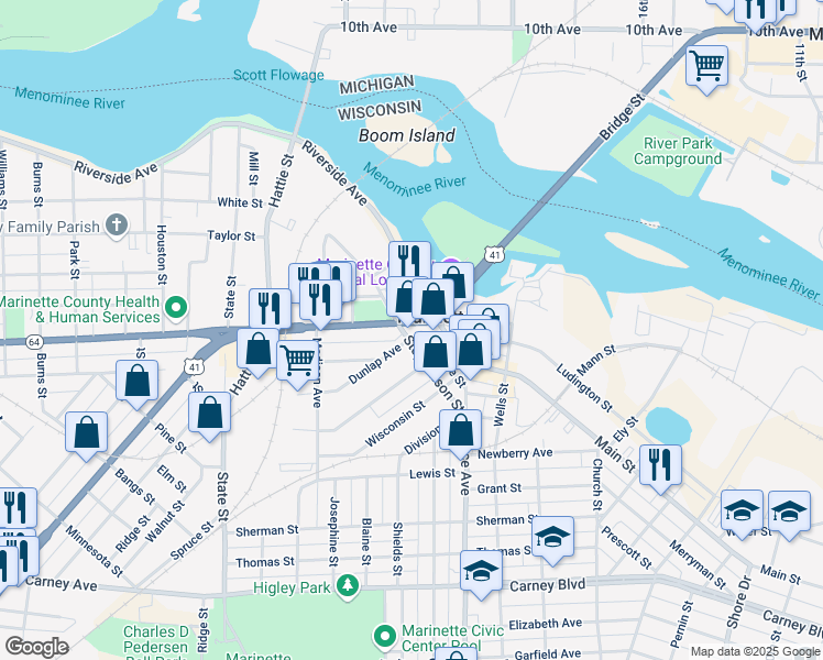 map of restaurants, bars, coffee shops, grocery stores, and more near 1821 Hall Avenue in Marinette